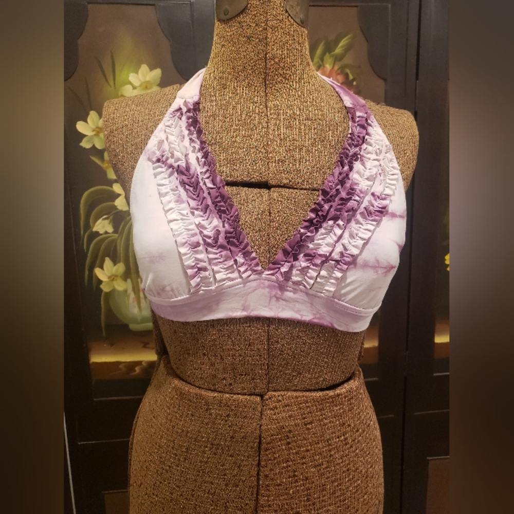 2 Piece Lucky Brand Purple and White Ruffled Bikini Top And Bottoms NWOT